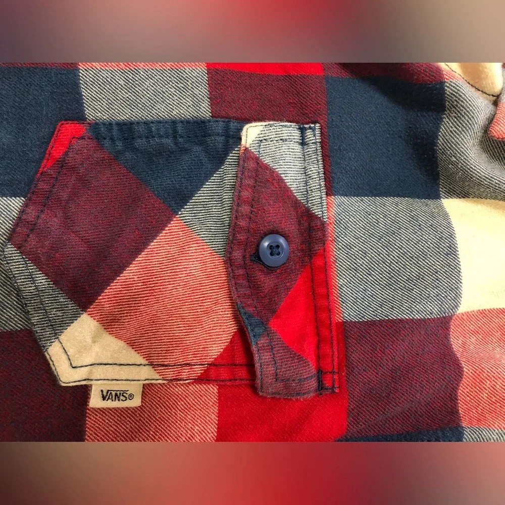 Vans Men's Box Flannel T Shirt, red, blue, white, size L, square pattern, cotton - Picture 3 of 8